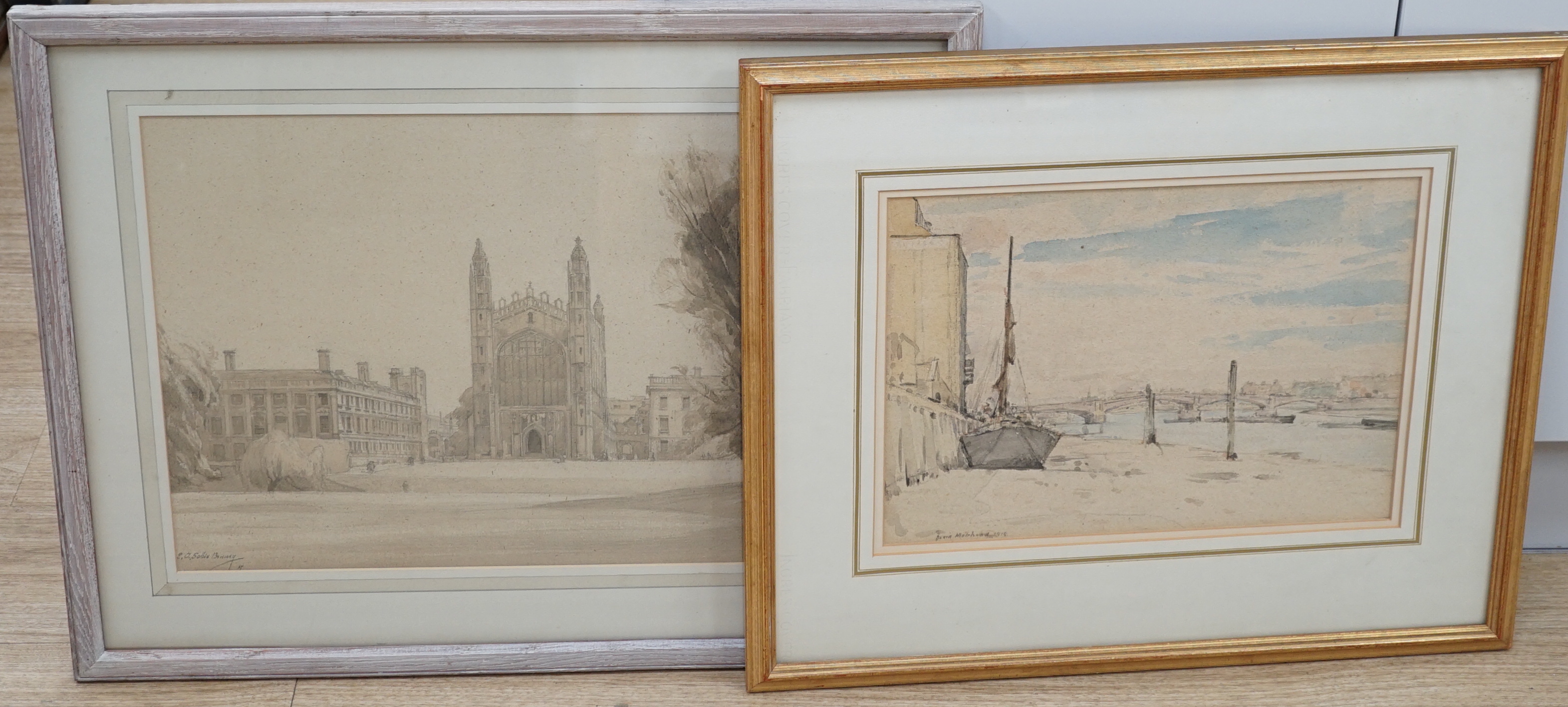 Ernest Alfred Sallis Benney, ARCA, (1894-1966), watercolour, Kings College, Cambridge, signed, 34 x 48cm and David Muirhead, ARA, (1876-1930), watercolour, Waterloo Bridge, signed and dated 1919, Exhibition Gallery label
